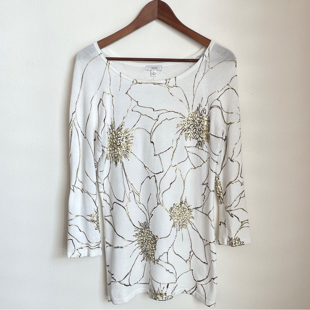 Caché White Floral Beaded Sweater Small Boho Summer Beach Resort